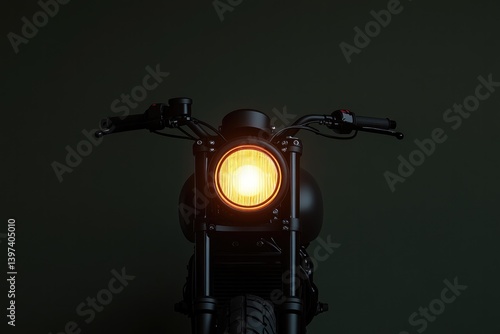 Front view of motorcycle showcasing vibrant headlight against da