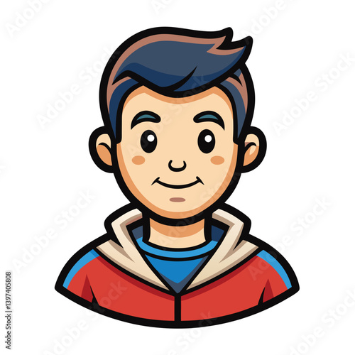 Cartoon Style Asian Man Avatar, Blue Hair, Red Jacket, Smiling Expression, Isolated
