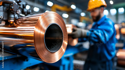 Closeup of a copper coil in a factory with a worker in the background.