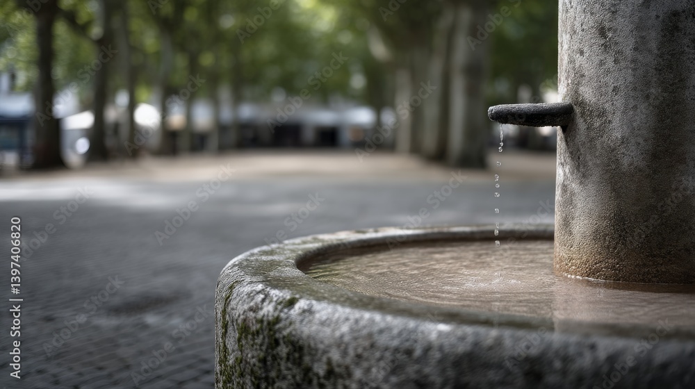 Water flows gracefully from a stone spout into a basin, surrounded by a tree-lined square, evoking timeless beauty and quiet elegance. Water flows gracefully from a stone spout into a basin, surrounded by a tree-lined square, evoking timeless beauty and quiet elegance.