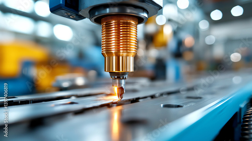 Close-up of a welding robot arm welding a metal sheet.