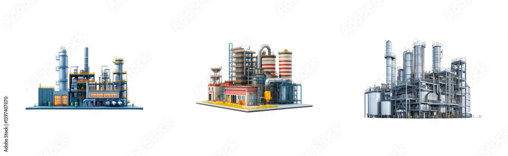 Obraz premium Three industrial factories with pipes and structures highlighting engineering, cut out - stock png