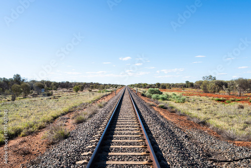 Empty railway along the Adelaide–Darwin rail corridor in a remote part of the Australian Outback. The railway is used by The Ghan rail service