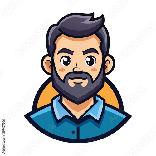 Cartoon Style Portrait Bearded Man with Blue Shirt, Dark Hair and Eyes, Simple Design