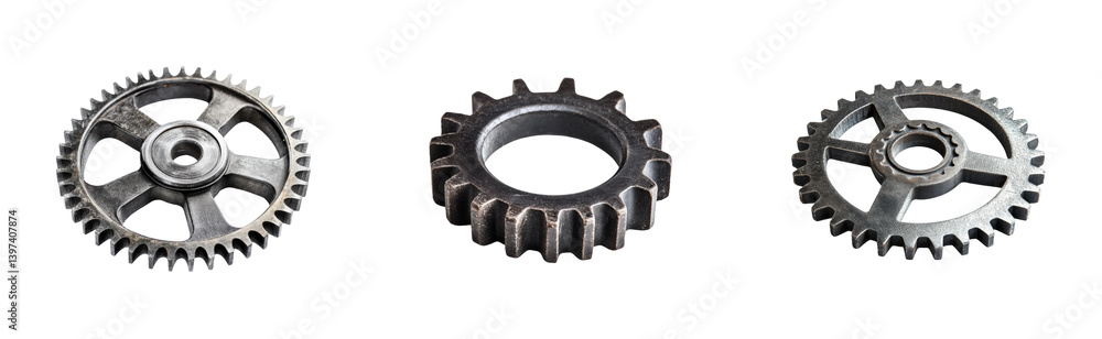 Three mechanical metal gears in industrial setting, cut out - stock png Three mechanical metal gears in industrial setting, cut out - stock png