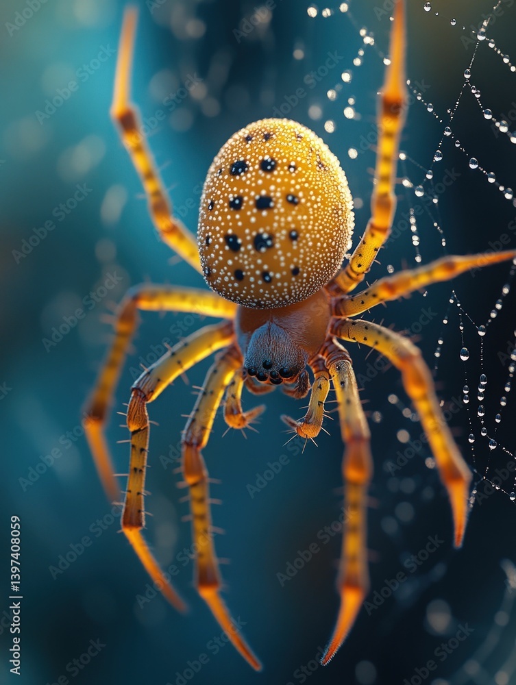 Fototapeta premium Dew-kissed spider suspends delicately on its silk.