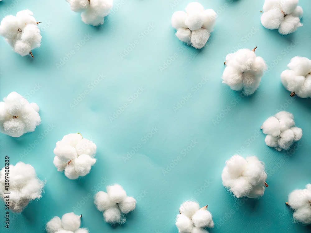 Minimalist product shot: soft, light blue background, cloud frame, blank space showcasing cotton's texture. Minimalist product shot: soft, light blue background, cloud frame, blank space showcasing cotton's texture.