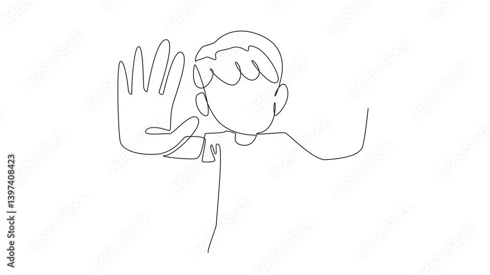 Animated self drawing of single continuous line drawing the boy raised both his hands and pointed them forward. No more bullying in schools. Create peace. Anti Bullying Day. Full length animation Animated self drawing of single continuous line drawing the boy raised both his hands and pointed them forward. No more bullying in schools. Create peace. Anti Bullying Day. Full length animation