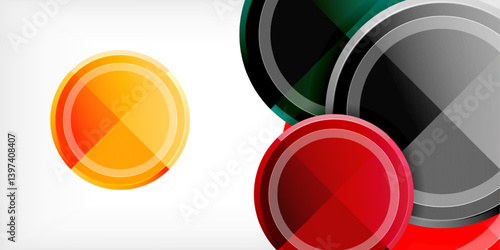 Abstract circles overlap, creating dynamic visual effect. Yellow, red, green, gray tones present modern design elements. Clean background enhances shapes prominence.