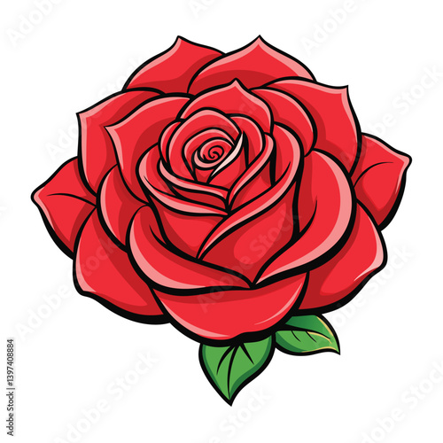 Cartoon Style Red Rose, Fully Bloomed, Isolated on White Background with Green Leaves