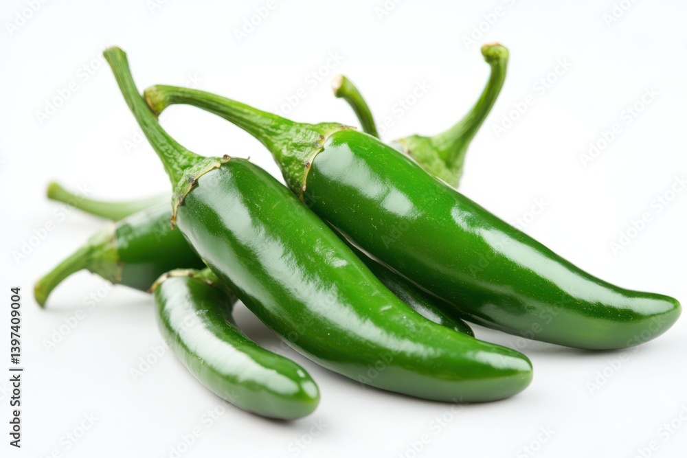 A close up view of a pile of fresh green jalapeno peppers isolated on white background A close up view of a pile of fresh green jalapeno peppers isolated on white background