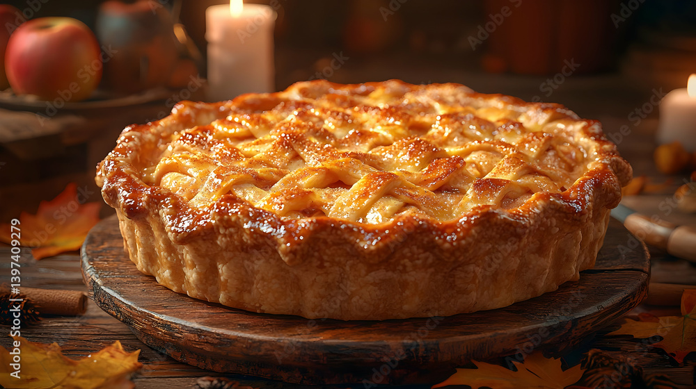Golden-Brown Apple Pie with Lattice Crust, Baked to Perfection on Wooden Board, Autumnal Setting Golden-Brown Apple Pie with Lattice Crust, Baked to Perfection on Wooden Board, Autumnal Setting