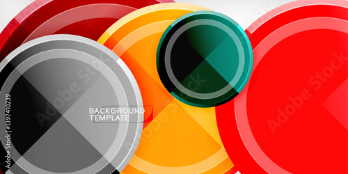 Abstract circles overlap, creating vibrant design. Red, orange, gray, teal hues blend. Modern template suitable for backgrounds, presentations, digital art projects. Clean lines, geometric shapes pres