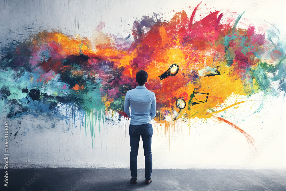 Man looking at colorful abstract painting on wall Man looking at colorful abstract painting on wall