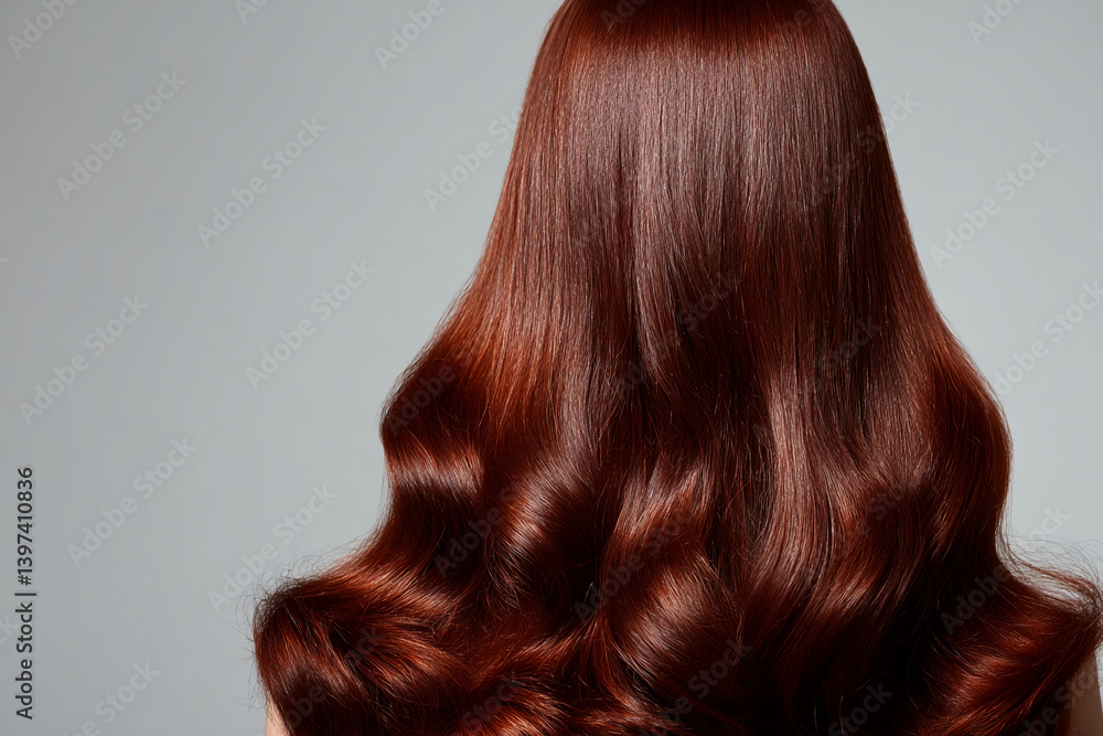 Long, auburn hair cascading in soft waves, showcasing healthy shine and texture, representing beauty, elegance, and hair care Long, auburn hair cascading in soft waves, showcasing healthy shine and texture, representing beauty, elegance, and hair care