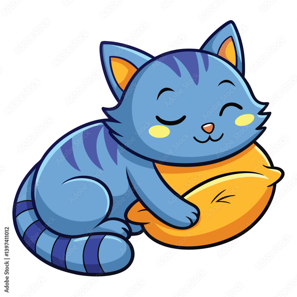 Fototapeta premium Cartoonish LightBlue Cat Hugging Yellow Lemon, Sleeping, Striped Tail, Closed Eyes