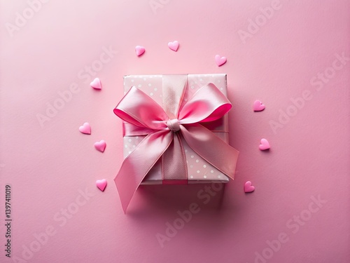 Pastel pink gift box perfect for Valentine's Day or Mother's Day. Romantic flat lay, top view.  A sweet banner image.