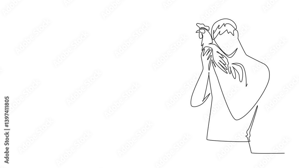 Animated self drawing of continuous one line drawing a man hugging a rooster. Loving a rooster is like loving own son. Full of happiness. International Respect for Chickens Day. Full length animation Animated self drawing of continuous one line drawing a man hugging a rooster. Loving a rooster is like loving own son. Full of happiness. International Respect for Chickens Day. Full length animation