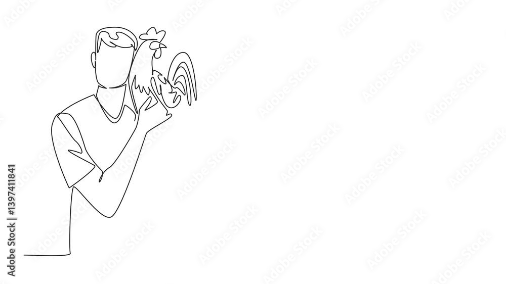Animation of single one line drawing a man in casual clothes lifts rooster and puts it to cheek. Keep the chicken in good mood. International Respect for Chickens Day. Full length motion Animation of single one line drawing a man in casual clothes lifts rooster and puts it to cheek. Keep the chicken in good mood. International Respect for Chickens Day. Full length motion