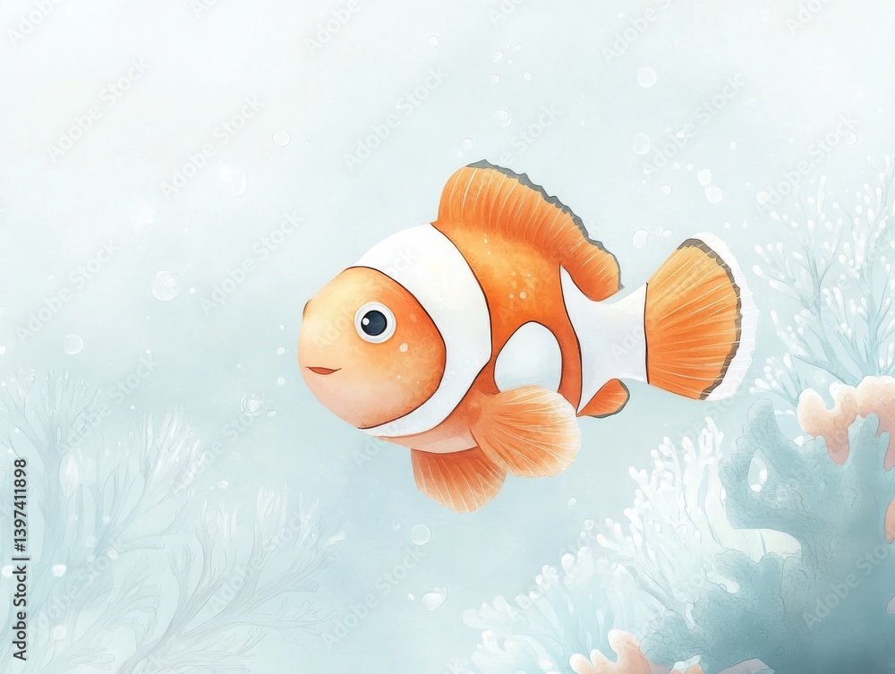 Fototapeta premium Clownfish Swimming Near Coral in Soft Ocean Scene 