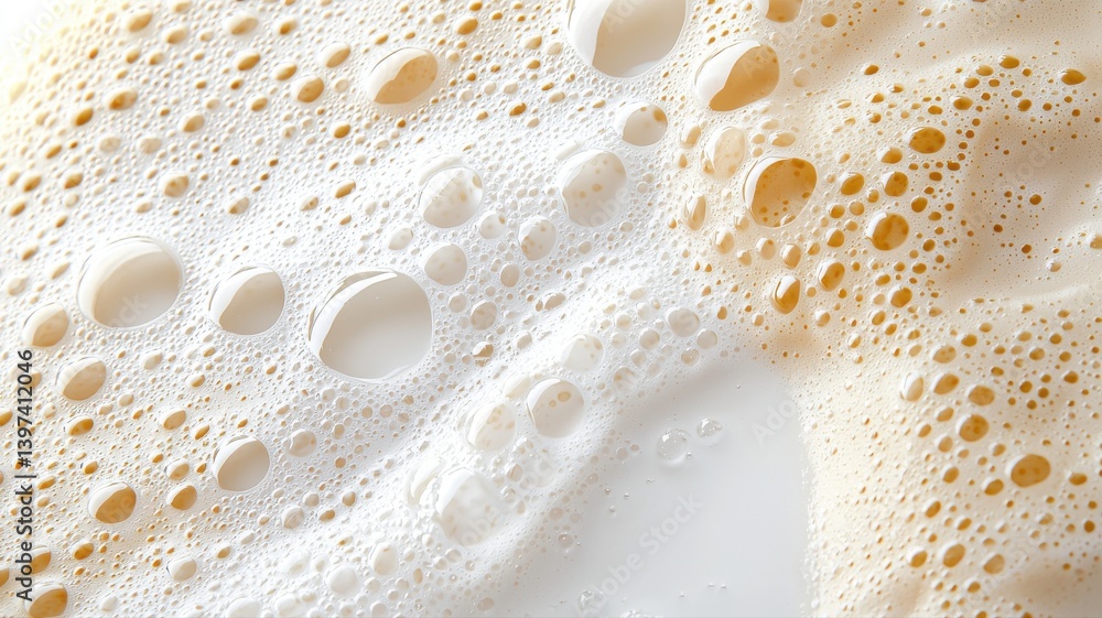 Close-up of frothy beverage with foamy bubbles. Creamy texture and golden hue create an inviting drink surface Close-up of frothy beverage with foamy bubbles. Creamy texture and golden hue create an inviting drink surface