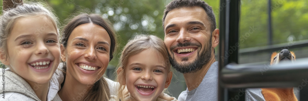 Happy family portrait featuring two adults and two children, all smiling joyfully. scene is set outdoors with greenery in background, creating warm and cheerful atmosphere Happy family portrait featuring two adults and two children, all smiling joyfully. scene is set outdoors with greenery in background, creating warm and cheerful atmosphere