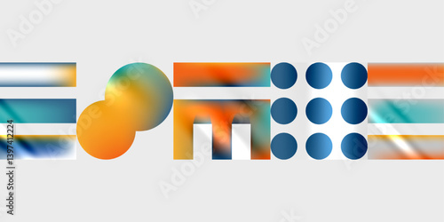 Abstract graphic design features colorful shapes, lines, circles. Gradient hues blend blues, oranges, whites creating modern visual composition. Minimalist aesthetic.