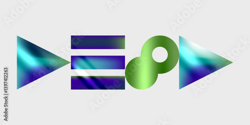 Abstract graphic design features vibrant shapes. Arrows, stacked rectangles, sphere create dynamic composition. Colors blendblue, green, purpleon light gray background. Modern, minimalist aesthetic.