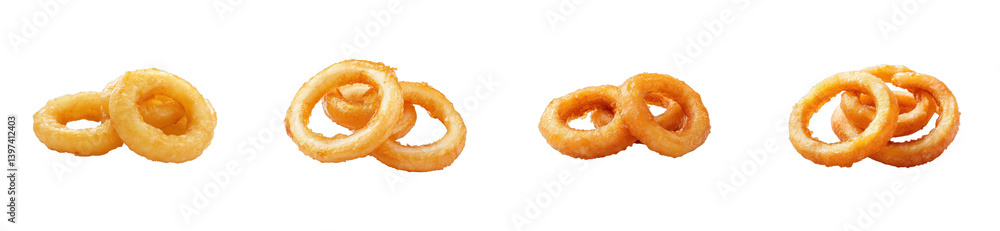 Variety of crispy onion rings in different shapes and textures, cut out - stock png Variety of crispy onion rings in different shapes and textures, cut out - stock png