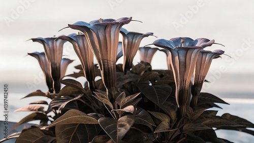 A close up of a datura plant with several large trumpet shaped flowers in full bloom view