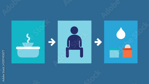 Progressive Steps A series of small squares illustrating the stages from preparation entering experiencing and recovering from the cold plunge therapy acting as a visual guide.