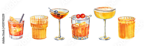 Set of watercolor hand painted summer aperitif cocktails glass simple sketch illustration on white background. DIY elements for bar menu, social media, ads and posters