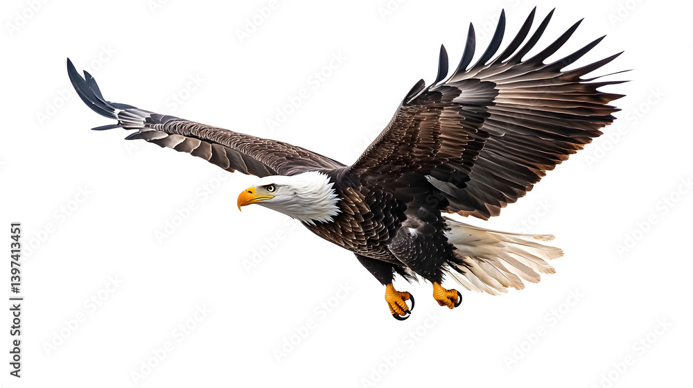 Fototapeta premium An American bald eagle flying on a transparent background