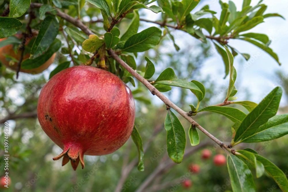 Ripe pomegranate fruit on tree branch Ripe pomegranate fruit on tree branch