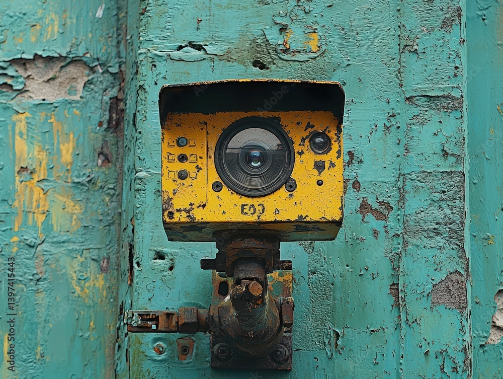 Weathered security camera mounted on peeling turquoise wall. Weathered security camera mounted on peeling turquoise wall.