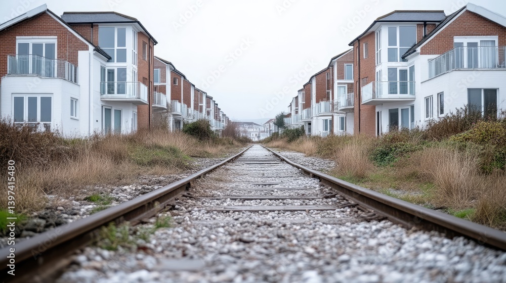 Fototapeta premium Abandoned railway tracks leading to modern housing