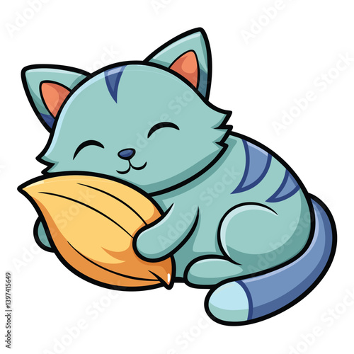 Cute Blue Cartoon Cat Cuddling Yellow Pillow, Smiling, Closed Eyes, Sleepy on White