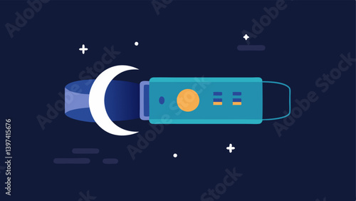Sleep Tracker Display A closeup illustration of a wristband displaying sleep metrics like total sleep time deep sleep and REM cycles against a dark background representing night.