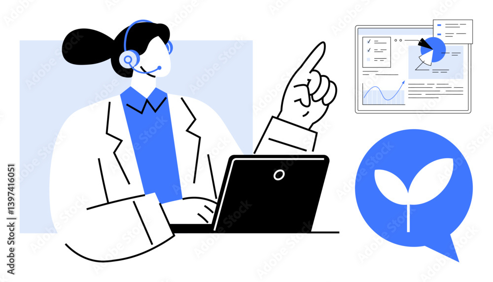 Customer service professional with a headset working on a laptop, data analytics on the screen, and a growth symbol. Ideal for technology, customer service, analytics, sustainability, communication Customer service professional with a headset working on a laptop, data analytics on the screen, and a growth symbol. Ideal for technology, customer service, analytics, sustainability, communication
