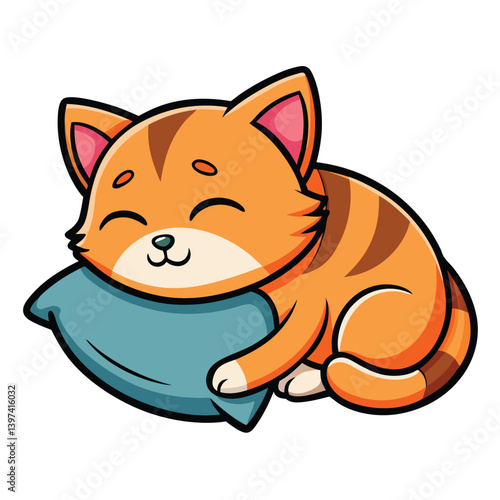 Cute Orange Tabby Cat Sleeping Peacefully on Blue Pillow, Cartoon Style, Isolated