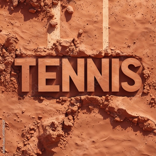 Red clay court shows the word tennis prominently designed into the surface as players prepare for an exciting match under bright sunlight during a competitive event