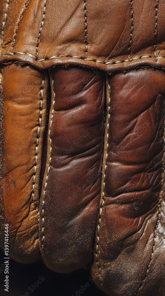 Detailed macro image of aged leather work gloves and stitching Detailed macro image of aged leather work gloves and stitching
