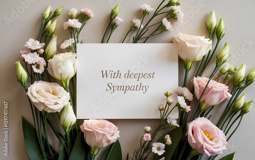 Sympathy Message with Floral Embrace: A heartfelt message of deepest sympathy, beautifully presented amidst an elegant arrangement of delicate pastel flowers, radiating comfort and solace.