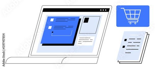 Laptop screen displaying an online store layout, shopping cart icon, and document stack. Ideal for e-commerce, shopping process, online services, technology, business, marketing and digital tools