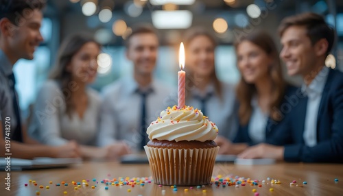 A celebratory cupcake with a single candle, surrounded by smiling colleagues, marking a joyous office birthday with warm, soft lighting.
