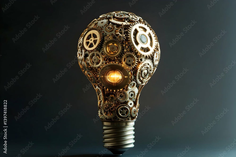 A lightbulb covered with gears on a dark background A lightbulb covered with gears on a dark background