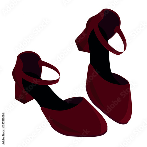 Vector elegant red women's shoes on low heel in flat simple style on white background.  Women's shoes, Mary Jane, casual red footwear. Red low heel shoes. 