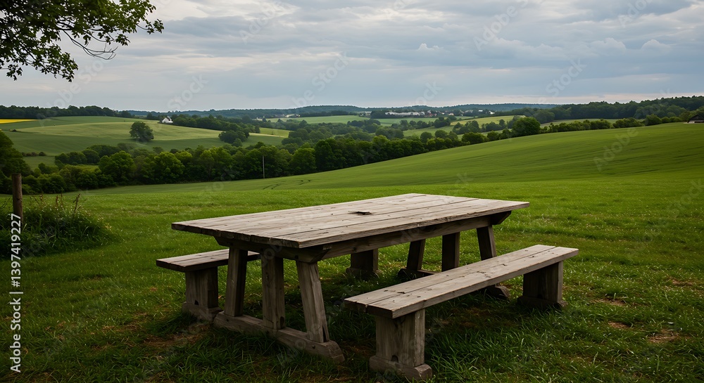 Stone Picnic Table in a Green Grassy Field with Rolling Hills Stone Picnic Table in a Green Grassy Field with Rolling Hills