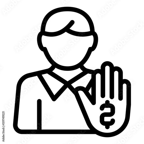 Manager man with stop hand line icon, world sanctions concept. Vector graphics. Person and money hand, support sign on white background, style mobile or design.