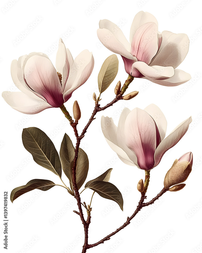 Obraz premium Magnolia flower isolated on transparent background, old botanical illustration